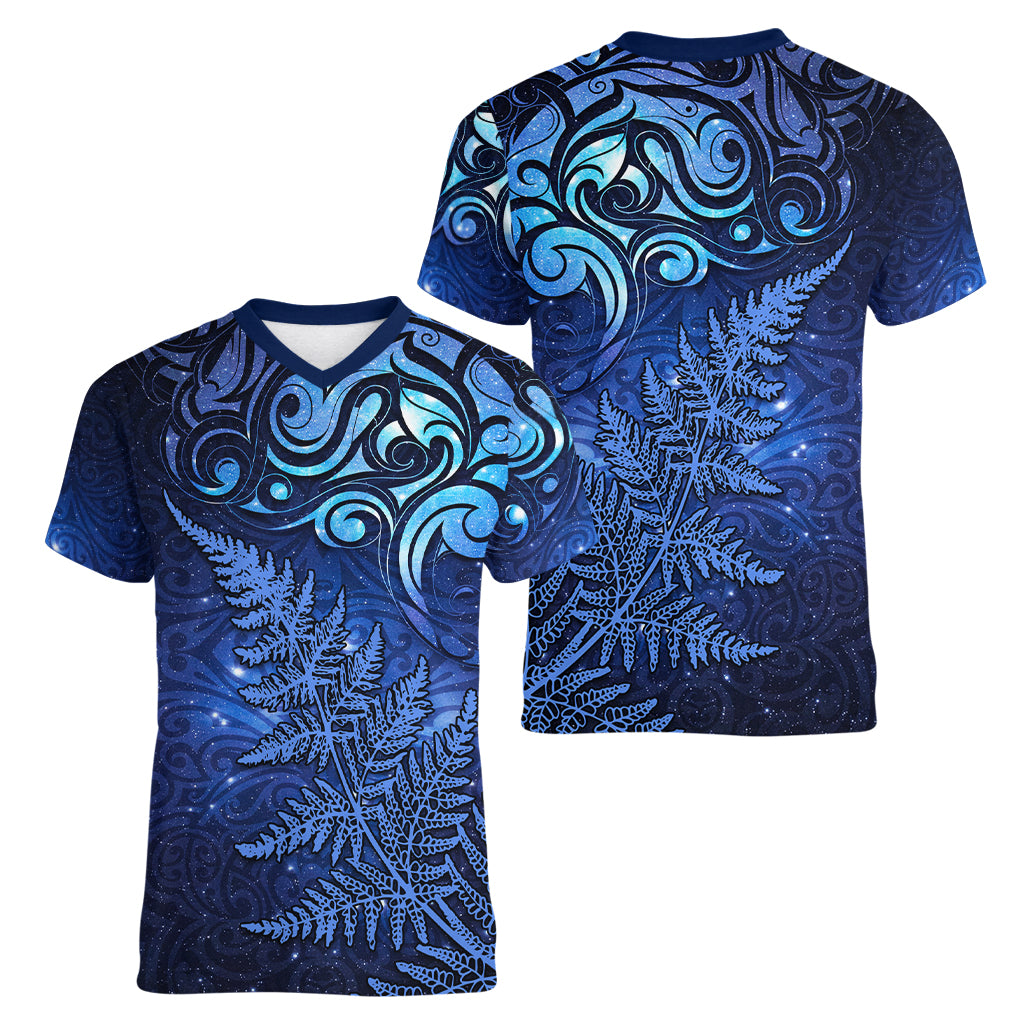 New Zealand Matariki Women V-Neck T-Shirt Maori Pattern and Silver Fern
