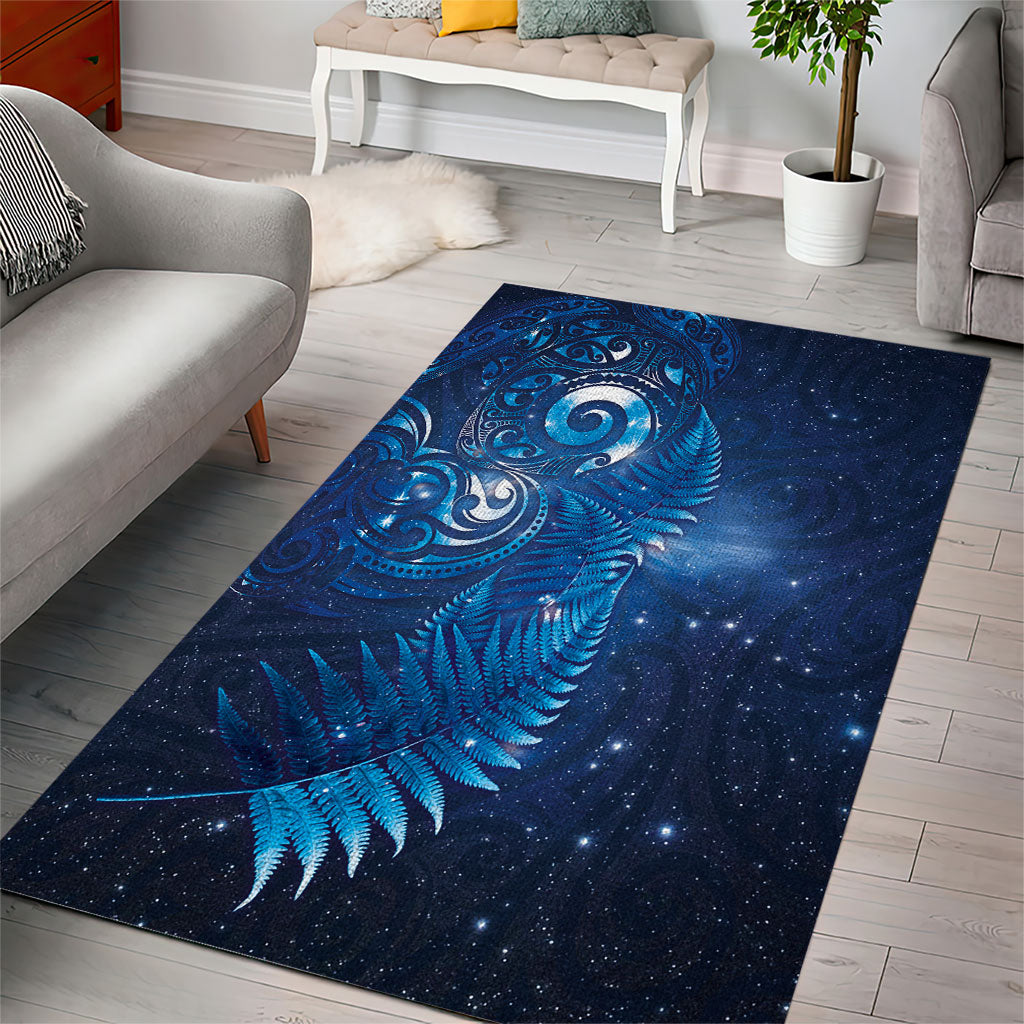 Aotearoa New Zealand New Year Area Rug Tribal Koru Tattoo Blue Galaxy Maori Silver Fern
