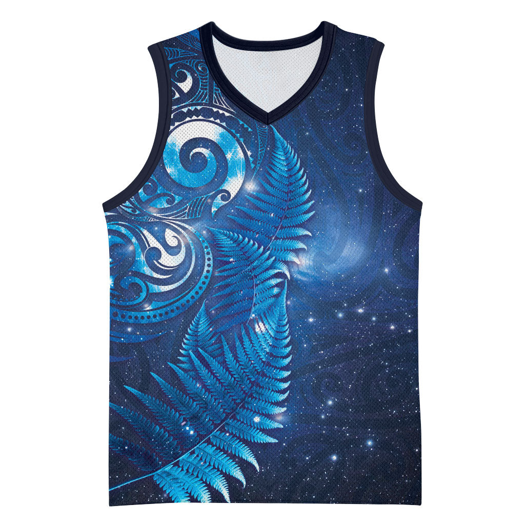 Aotearoa New Zealand New Year Basketball Jersey Tribal Koru Tattoo Blue Galaxy Maori Silver Fern