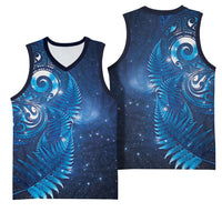 Aotearoa New Zealand New Year Basketball Jersey Tribal Koru Tattoo Blue Galaxy Maori Silver Fern