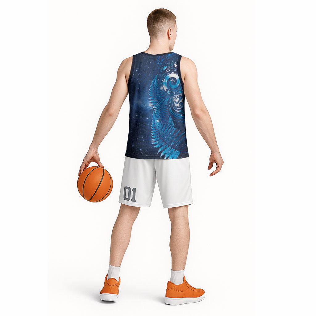 Aotearoa New Zealand New Year Basketball Jersey Tribal Koru Tattoo Blue Galaxy Maori Silver Fern
