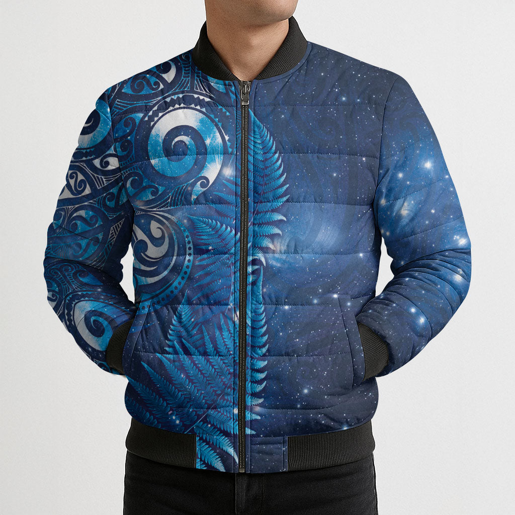 Aotearoa New Zealand New Year Bomber Puffer Jacket Tribal Koru Tattoo Blue Galaxy Maori Silver Fern LT03 - Polynesian Pride