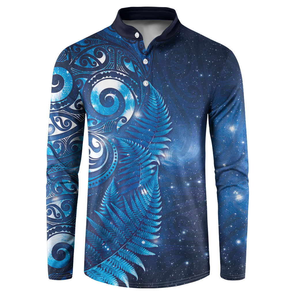 Aotearoa New Zealand New Year Button Sweatshirt Tribal Koru Tattoo Blue Galaxy Maori Silver Fern LT03 Blue - Polynesian Pride