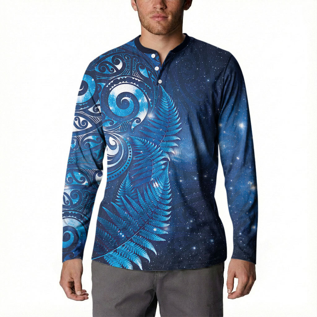 Aotearoa New Zealand New Year Button Sweatshirt Tribal Koru Tattoo Blue Galaxy Maori Silver Fern LT03 - Polynesian Pride