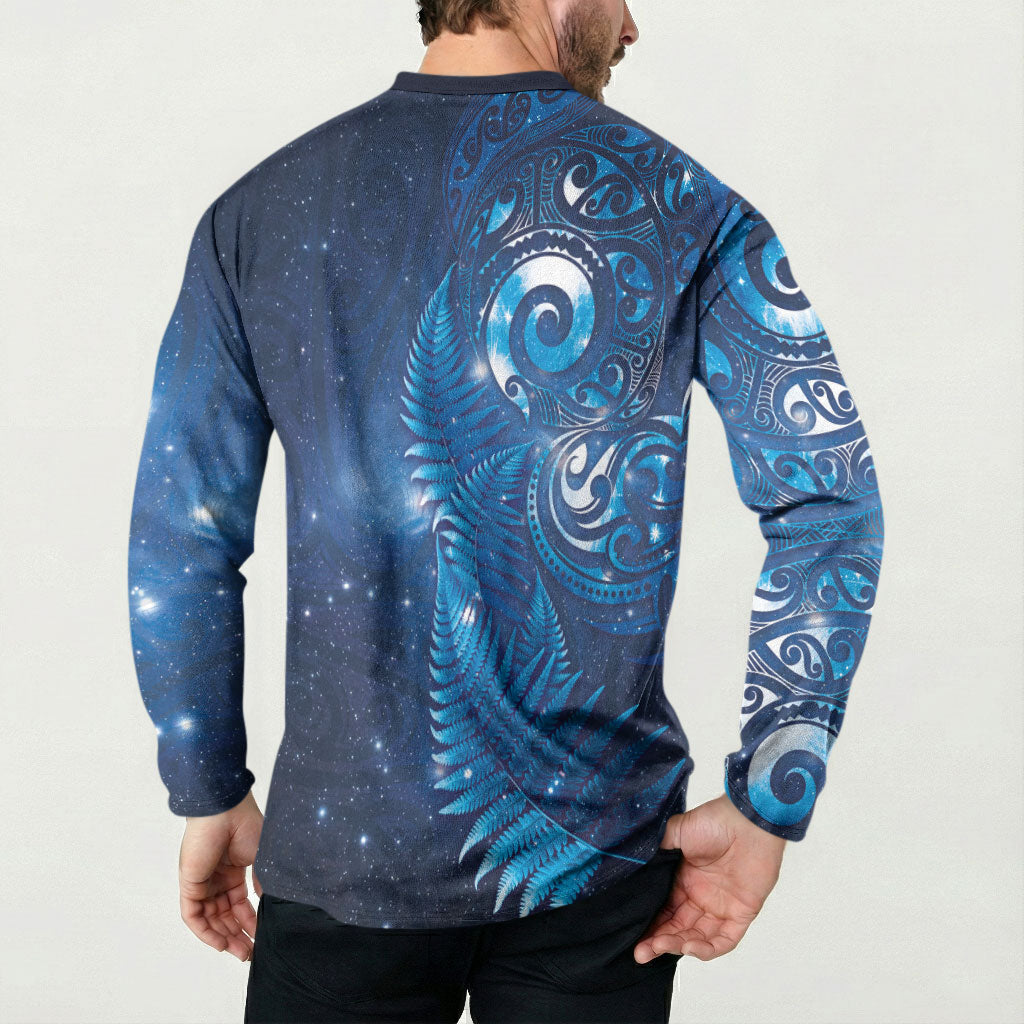Aotearoa New Zealand New Year Button Sweatshirt Tribal Koru Tattoo Blue Galaxy Maori Silver Fern LT03 - Polynesian Pride