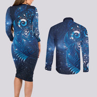 Aotearoa New Zealand New Year Couples Matching Long Sleeve Bodycon Dress and Long Sleeve Button Shirt Tribal Koru Tattoo Blue Galaxy Maori Silver Fern LT03 - Polynesian Pride