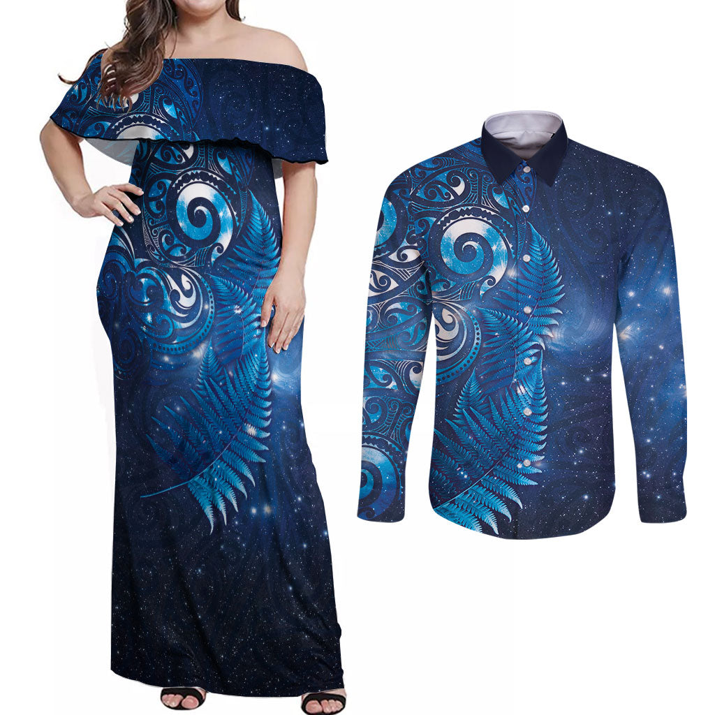 Aotearoa New Zealand New Year Couples Matching Off Shoulder Maxi Dress and Long Sleeve Button Shirt Tribal Koru Tattoo Blue Galaxy Maori Silver Fern LT03 Blue - Polynesian Pride