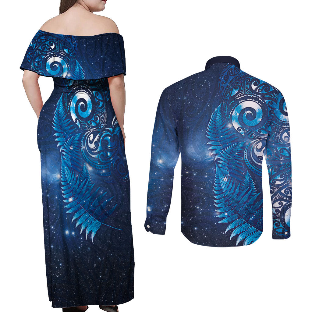 Aotearoa New Zealand New Year Couples Matching Off Shoulder Maxi Dress and Long Sleeve Button Shirt Tribal Koru Tattoo Blue Galaxy Maori Silver Fern LT03 - Polynesian Pride