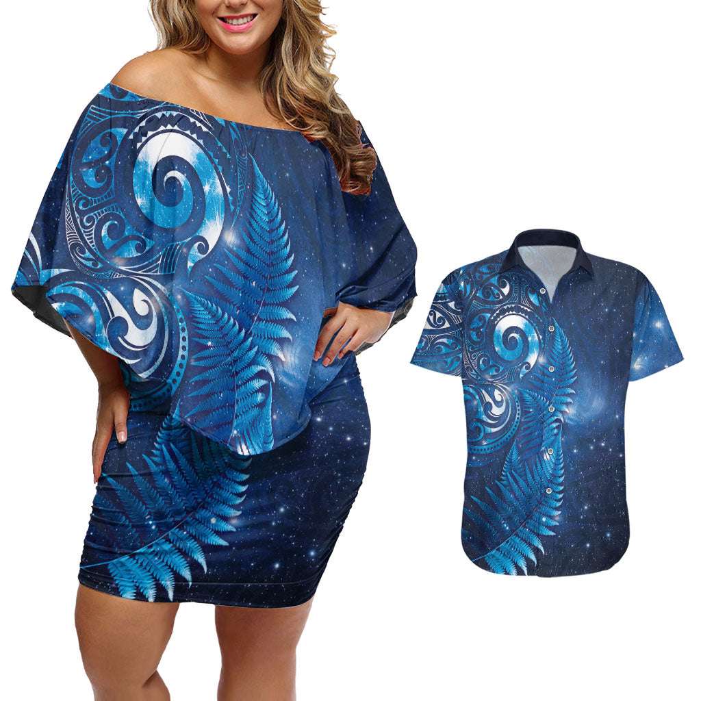 Aotearoa New Zealand New Year Couples Matching Off Shoulder Short Dress and Hawaiian Shirt Tribal Koru Tattoo Blue Galaxy Maori Silver Fern