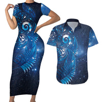 Aotearoa New Zealand New Year Couples Matching Short Sleeve Bodycon Dress and Hawaiian Shirt Tribal Koru Tattoo Blue Galaxy Maori Silver Fern LT03 Blue - Polynesian Pride