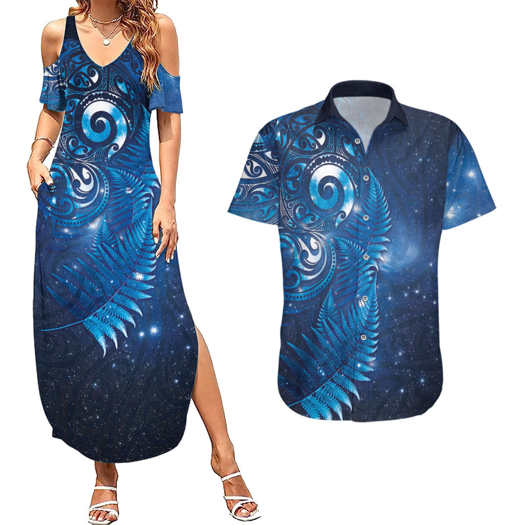Aotearoa New Zealand New Year Couples Matching Summer Maxi Dress and Hawaiian Shirt Tribal Koru Tattoo Blue Galaxy Maori Silver Fern LT03 Blue - Polynesian Pride