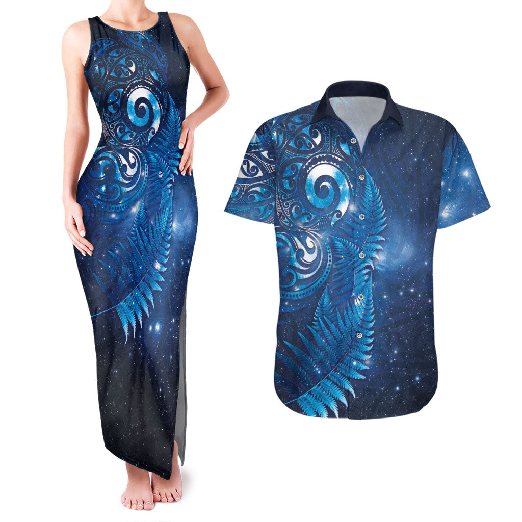 Aotearoa New Zealand New Year Couples Matching Tank Maxi Dress and Hawaiian Shirt Tribal Koru Tattoo Blue Galaxy Maori Silver Fern LT03 Blue - Polynesian Pride