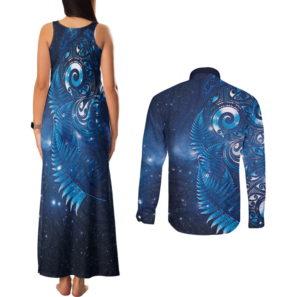 Aotearoa New Zealand New Year Couples Matching Tank Maxi Dress and Long Sleeve Button Shirt Tribal Koru Tattoo Blue Galaxy Maori Silver Fern LT03 - Polynesian Pride