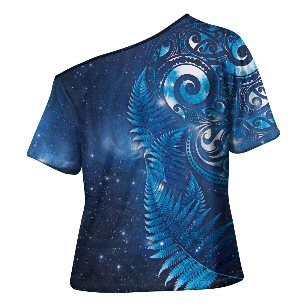 Aotearoa New Zealand New Year Cross Shoulder Shirt Tribal Koru Tattoo Blue Galaxy Maori Silver Fern