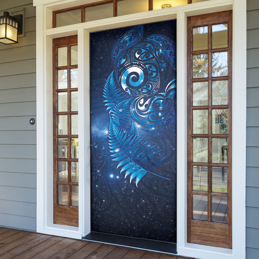 Aotearoa New Zealand New Year Door Cover Tribal Koru Tattoo Blue Galaxy Maori Silver Fern