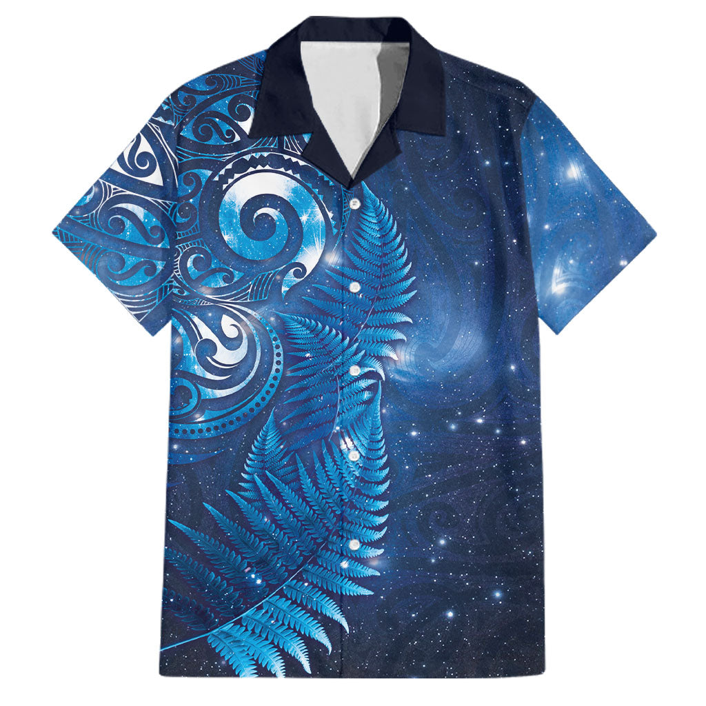 Aotearoa New Zealand New Year Family Matching Long Sleeve Bodycon Dress and Hawaiian Shirt Tribal Koru Tattoo Blue Galaxy Maori Silver Fern LT03 Dad's Shirt - Short Sleeve Blue - Polynesian Pride
