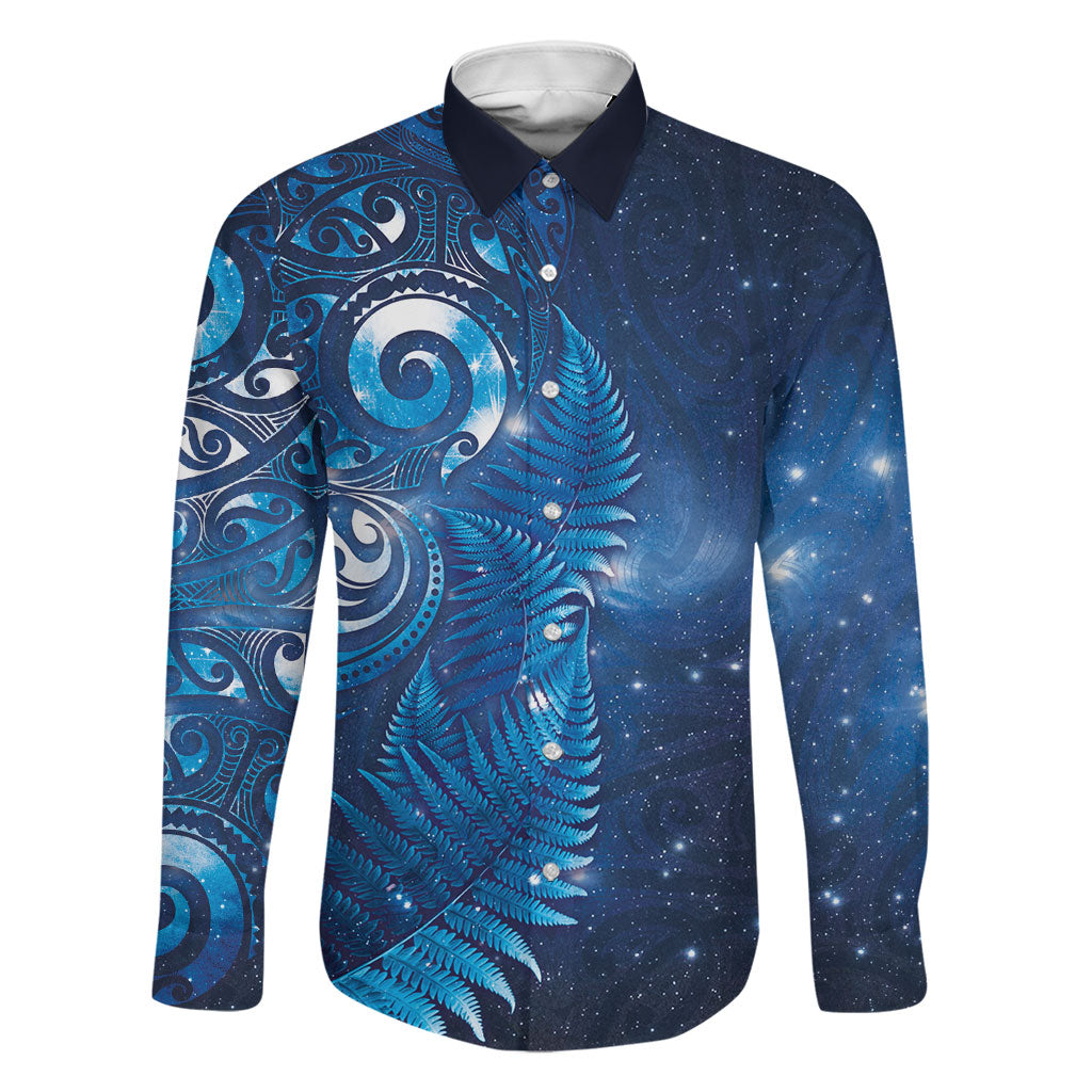 Aotearoa New Zealand New Year Family Matching Long Sleeve Bodycon Dress and Hawaiian Shirt Tribal Koru Tattoo Blue Galaxy Maori Silver Fern LT03 Dad's Shirt - Long Sleeve Blue - Polynesian Pride