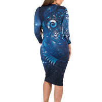 Aotearoa New Zealand New Year Family Matching Long Sleeve Bodycon Dress and Hawaiian Shirt Tribal Koru Tattoo Blue Galaxy Maori Silver Fern LT03 - Polynesian Pride
