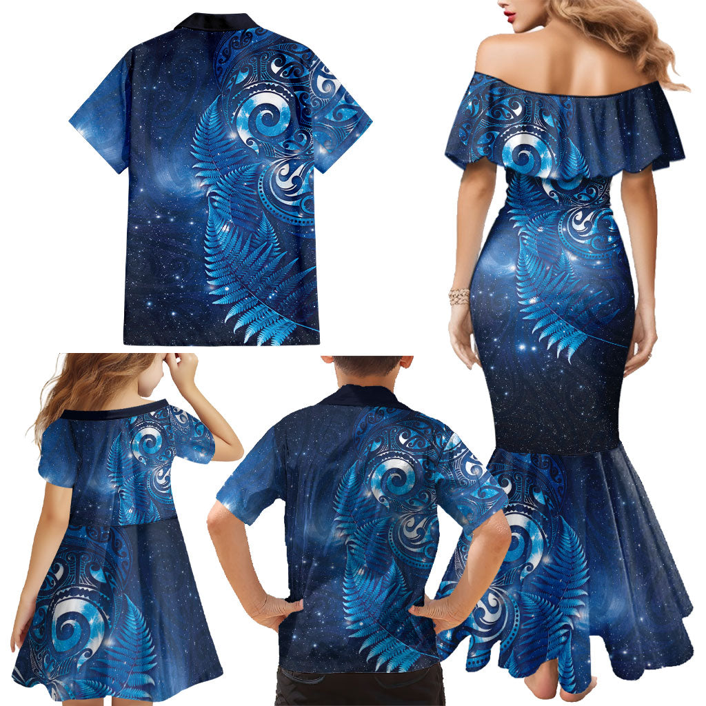 Aotearoa New Zealand New Year Family Matching Mermaid Dress and Hawaiian Shirt Tribal Koru Tattoo Blue Galaxy Maori Silver Fern LT03 - Polynesian Pride