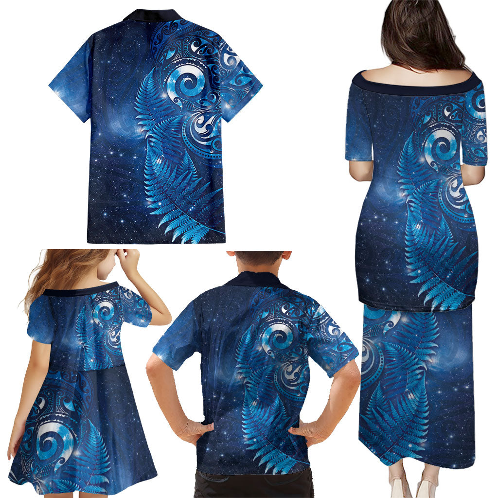 Aotearoa New Zealand New Year Family Matching Puletasi and Hawaiian Shirt Tribal Koru Tattoo Blue Galaxy Maori Silver Fern LT03 - Polynesian Pride