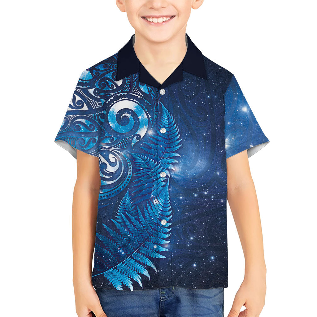 Aotearoa New Zealand New Year Family Matching Summer Maxi Dress and Hawaiian Shirt Tribal Koru Tattoo Blue Galaxy Maori Silver Fern LT03 Son's Shirt Blue - Polynesian Pride