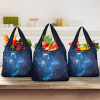 Aotearoa New Zealand New Year Grocery Bag Tribal Koru Tattoo Blue Galaxy Maori Silver Fern