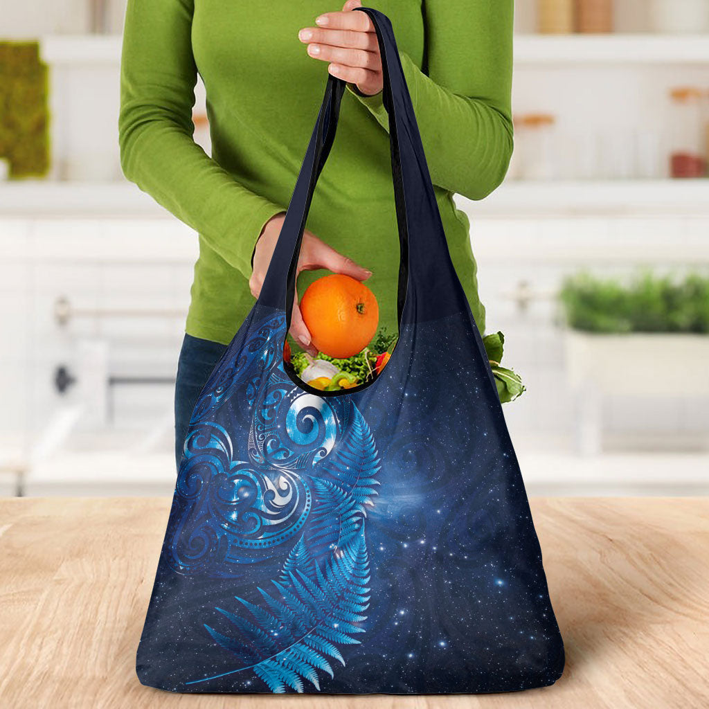 Aotearoa New Zealand New Year Grocery Bag Tribal Koru Tattoo Blue Galaxy Maori Silver Fern