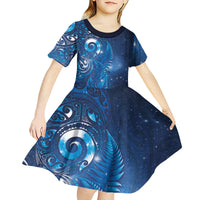 Aotearoa New Zealand New Year Kid Short Sleeve Dress Tribal Koru Tattoo Blue Galaxy Maori Silver Fern