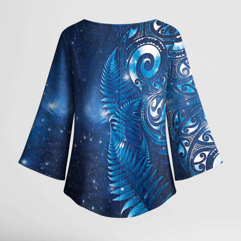 Aotearoa New Zealand New Year Kimono Sleeve Blouse Tribal Koru Tattoo Blue Galaxy Maori Silver Fern