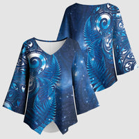 Aotearoa New Zealand New Year Kimono Sleeve Blouse Tribal Koru Tattoo Blue Galaxy Maori Silver Fern