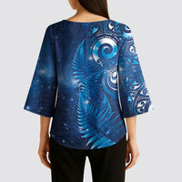 Aotearoa New Zealand New Year Kimono Sleeve Blouse Tribal Koru Tattoo Blue Galaxy Maori Silver Fern