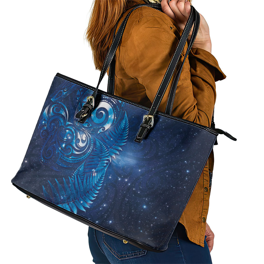 Aotearoa New Zealand New Year Leather Tote Bag Tribal Koru Tattoo Blue Galaxy Maori Silver Fern