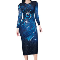 Aotearoa New Zealand New Year Long Sleeve Bodycon Dress Tribal Koru Tattoo Blue Galaxy Maori Silver Fern LT03 Long Dress Blue - Polynesian Pride