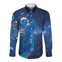 Aotearoa New Zealand New Year Long Sleeve Button Shirt Tribal Koru Tattoo Blue Galaxy Maori Silver Fern