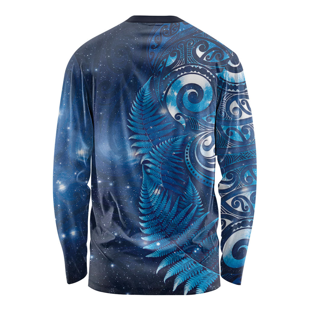 Aotearoa New Zealand New Year Long Sleeve Shirt Tribal Koru Tattoo Blue Galaxy Maori Silver Fern