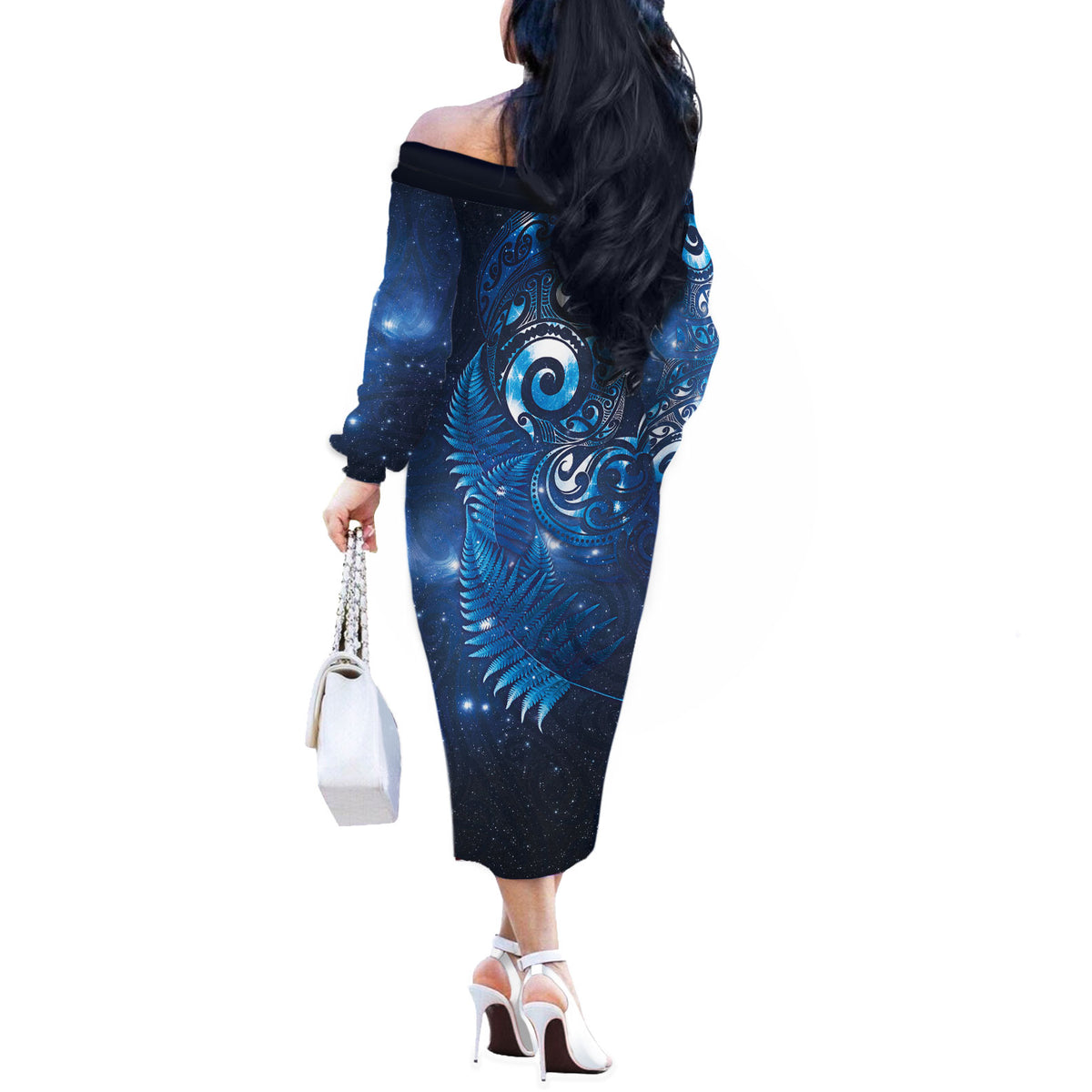 Aotearoa New Zealand New Year Off The Shoulder Long Sleeve Dress Tribal Koru Tattoo Blue Galaxy Maori Silver Fern LT03 - Polynesian Pride