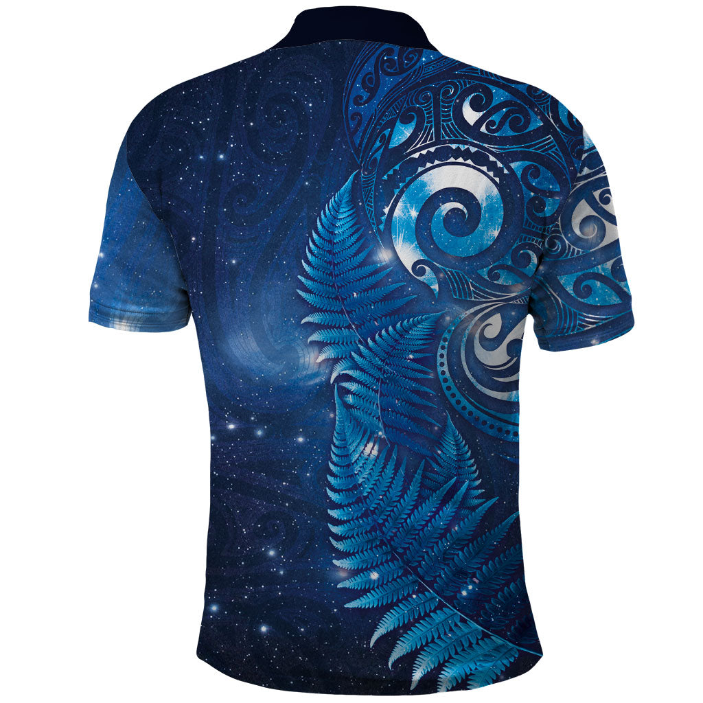 Aotearoa New Zealand New Year Polo Shirt Tribal Koru Tattoo Blue Galaxy Maori Silver Fern