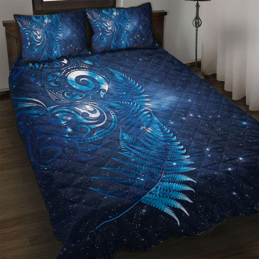Aotearoa New Zealand New Year Quilt Bed Set Tribal Koru Tattoo Blue Galaxy Maori Silver Fern