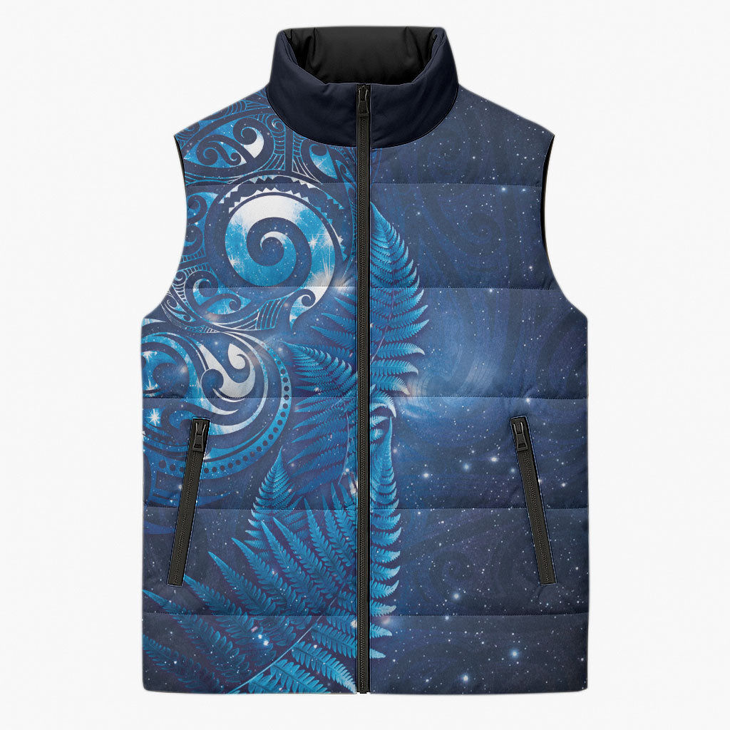 Aotearoa New Zealand New Year Sleeveless Puffer Jacket Tribal Koru Tattoo Blue Galaxy Maori Silver Fern LT03 Unisex Blue - Polynesian Pride