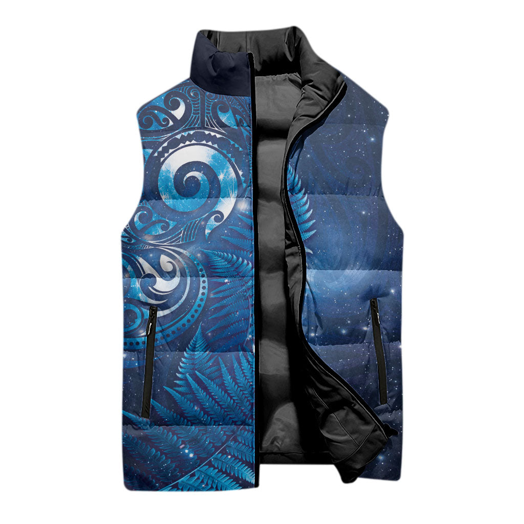 Aotearoa New Zealand New Year Sleeveless Puffer Jacket Tribal Koru Tattoo Blue Galaxy Maori Silver Fern LT03 - Polynesian Pride