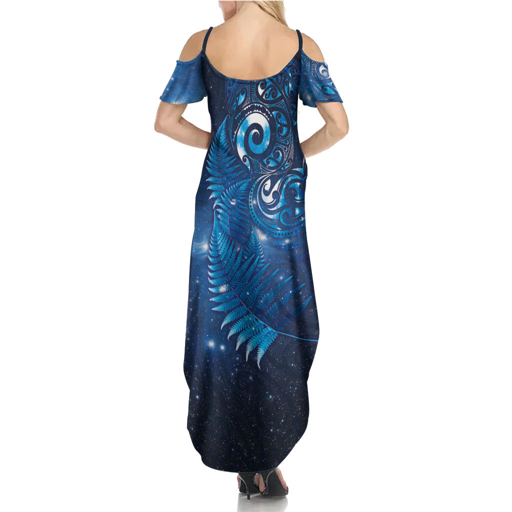 Aotearoa New Zealand New Year Summer Maxi Dress Tribal Koru Tattoo Blue Galaxy Maori Silver Fern