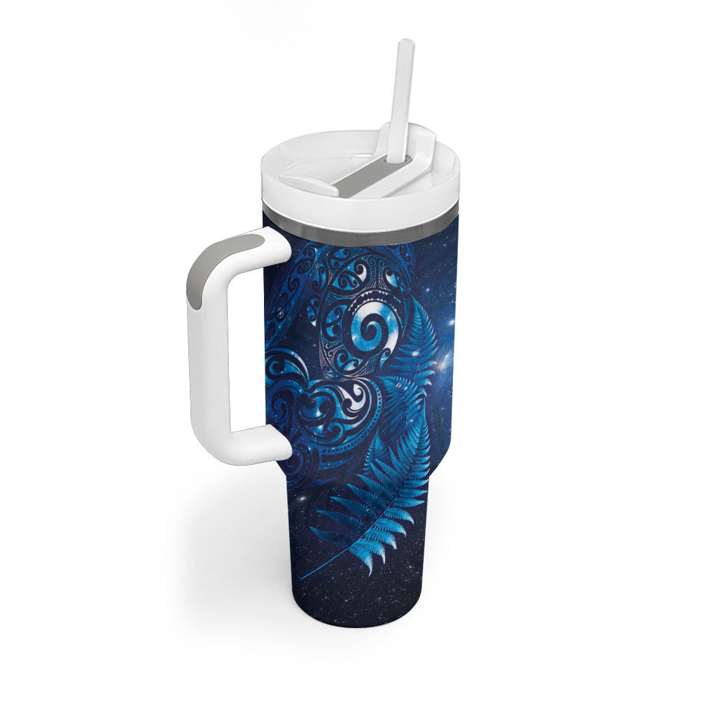 Aotearoa New Zealand New Year Tumbler With Handle Tribal Koru Tattoo Blue Galaxy Maori Silver Fern