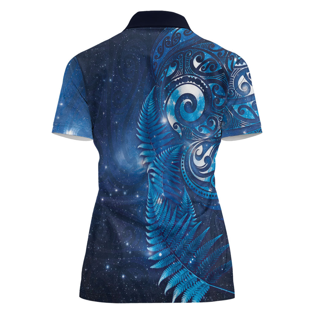Aotearoa New Zealand New Year Women Polo Shirt Tribal Koru Tattoo Blue Galaxy Maori Silver Fern LT03 - Polynesian Pride