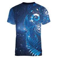Aotearoa New Zealand New Year Women V-Neck T-Shirt Tribal Koru Tattoo Blue Galaxy Maori Silver Fern LT03 - Polynesian Pride