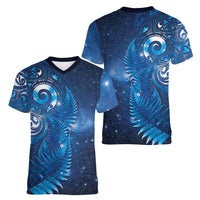 Aotearoa New Zealand New Year Women V-Neck T-Shirt Tribal Koru Tattoo Blue Galaxy Maori Silver Fern LT03 - Polynesian Pride