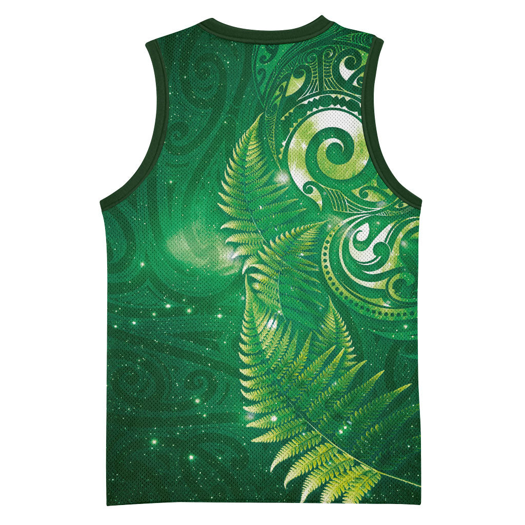 Aotearoa New Zealand New Year Basketball Jersey Tribal Koru Tattoo Green Galaxy Maori Silver Fern LT03 - Polynesian Pride