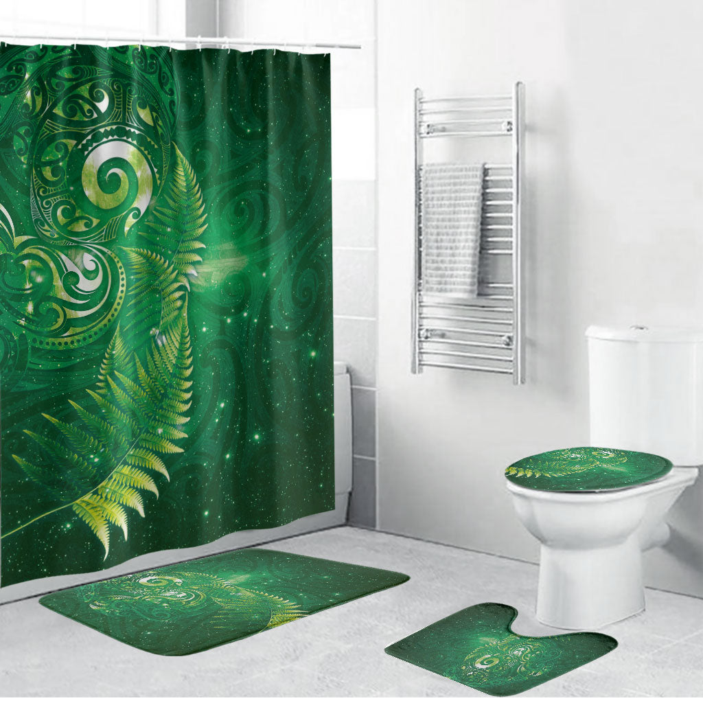 Aotearoa New Zealand New Year Bathroom Set Tribal Koru Tattoo Green Galaxy Maori Silver Fern LT03 Bathroom Set (4 pcs) Green - Polynesian Pride