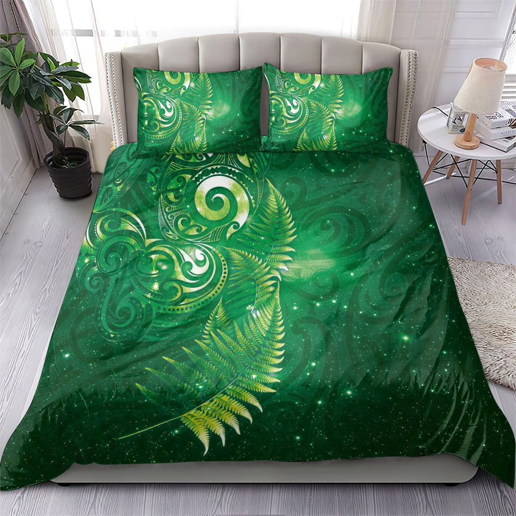 Aotearoa New Zealand New Year Bedding Set Tribal Koru Tattoo Green Galaxy Maori Silver Fern LT03 - Polynesian Pride