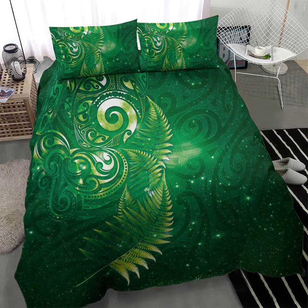 Aotearoa New Zealand New Year Bedding Set Tribal Koru Tattoo Green Galaxy Maori Silver Fern LT03 - Polynesian Pride
