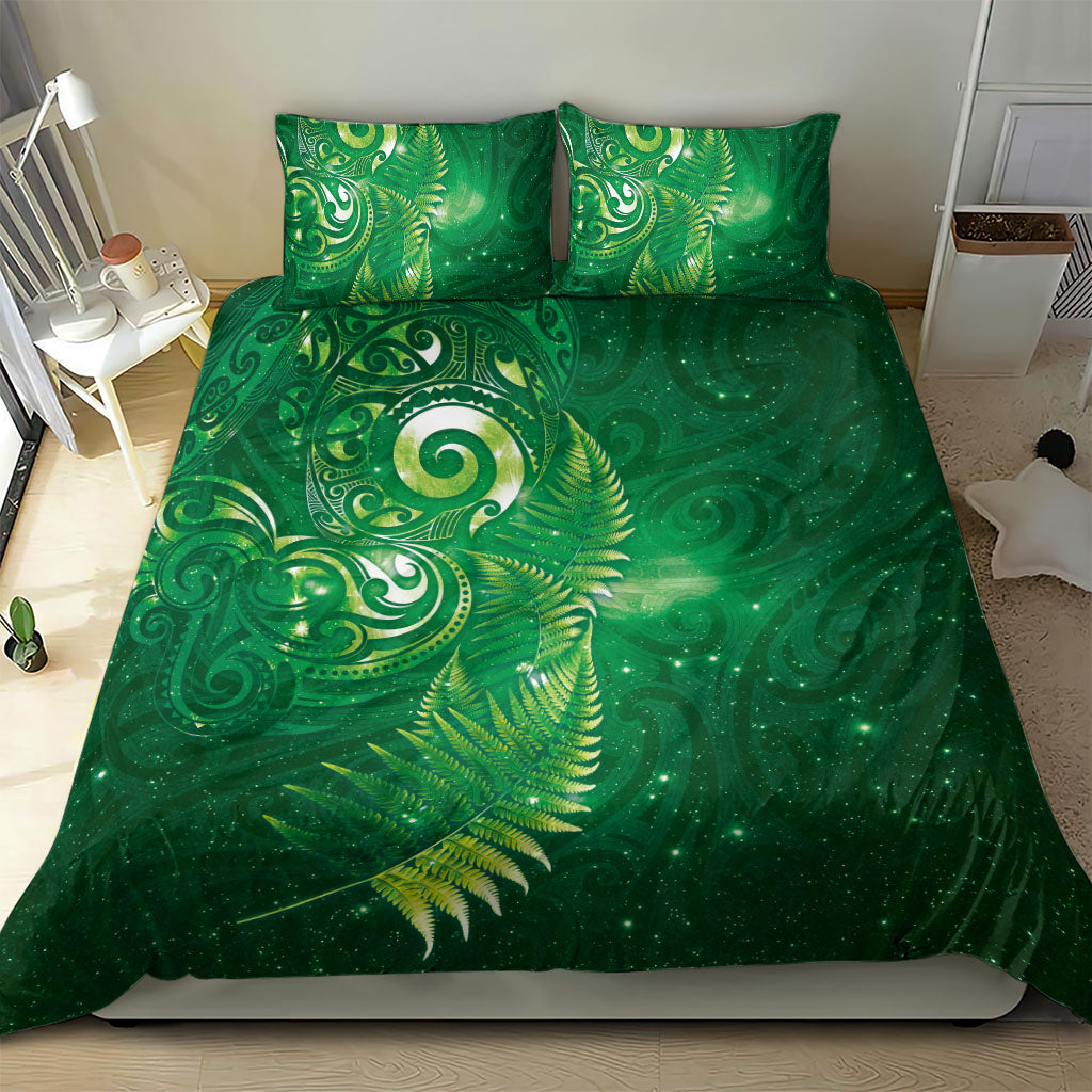 Aotearoa New Zealand New Year Bedding Set Tribal Koru Tattoo Green Galaxy Maori Silver Fern LT03 - Polynesian Pride